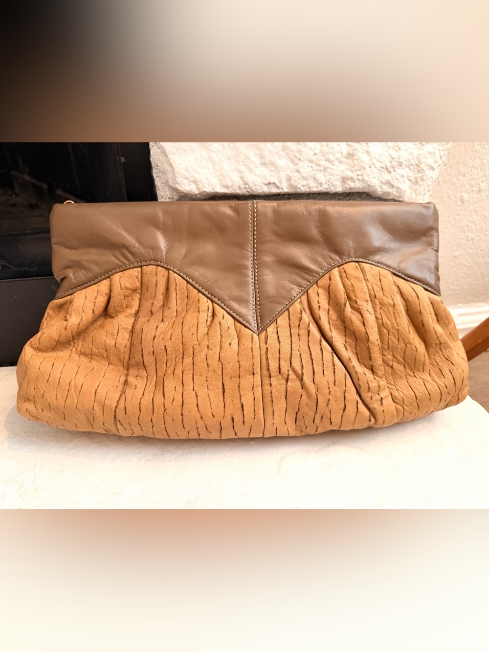 Vintage Genuine Leather Ruched Clutch Shoulder Bag Brown Tan Boho